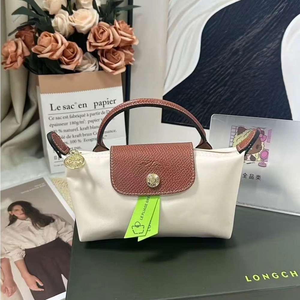 Longchamp Beige Nylon Mini Bag with Brown Trim